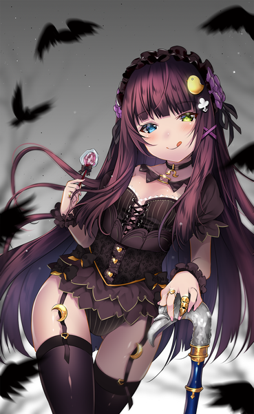 Anime picture 985x1600 with original usagihime single long hair tall image looking at viewer blush light erotic smile purple hair heterochromia lolita fashion goth-loli girl thighhighs dress underwear panties black thighhighs food