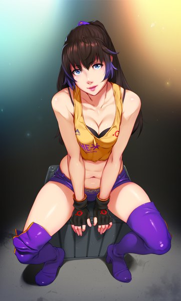 Anime picture 2336x3881 with original feguimel single long hair tall image looking at viewer fringe highres breasts blue eyes light erotic smile hair between eyes brown hair sitting bare shoulders cleavage purple hair full body ponytail