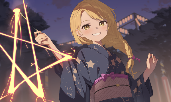 Anime picture 2274x1360 with touhou kirisame marisa kanpa (campagne 9) single long hair looking at viewer highres blonde hair smile wide image yellow eyes outdoors braid (braids) traditional clothes japanese clothes grin single braid alternate hairstyle star print no hat