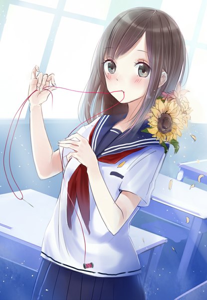 Anime picture 800x1157 with original maigoyaki single long hair tall image looking at viewer blush black hair black eyes girl flower (flowers) serafuku desk thread red thread