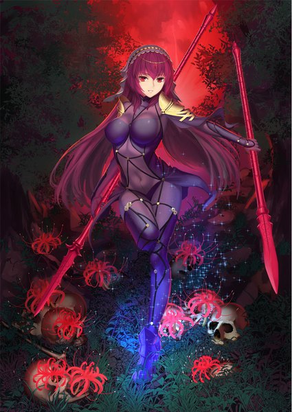 Anime picture 828x1169 with fate (series) fate/grand order scathach (fate) (all) scathach (fate) ccjn single long hair tall image looking at viewer breasts light erotic red eyes purple hair girl flower (flowers) weapon bodysuit skull higanbana