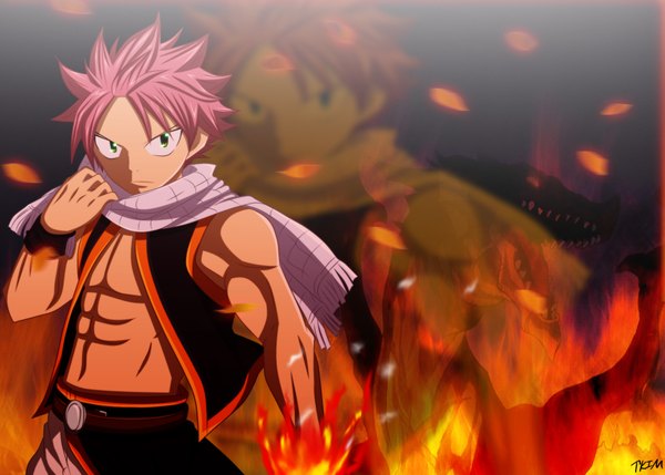 Anime picture 2000x1430 with fairy tail natsu dragneel igneel futuretabs highres short hair open mouth green eyes pink hair teeth sleeveless coloring magic muscle zoom layer angry sharp teeth transparent boy petals