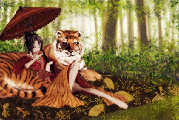 Anime picture 1748x1181 with highres japanese clothes drinking girl plant (plants) animal tree (trees) umbrella forest alcohol sake sakazuki tiger