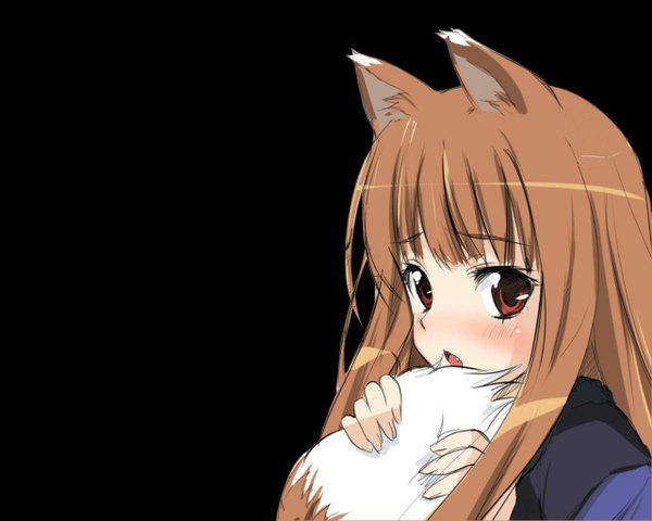 Anime picture 1280x1024 with spice and wolf horo single long hair looking at viewer blush fringe open mouth red eyes brown hair holding animal ears payot tail blunt bangs animal tail fox girl black background sad girl