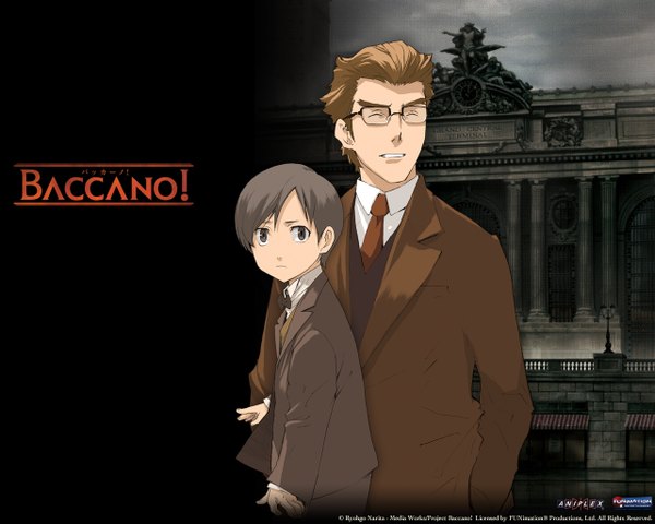 Anime picture 1280x1024 with baccano! czeslaw meyer maiza avaro short hair brown hair brown eyes eyes closed city shirt glasses necktie bowtie vest suit child (children)