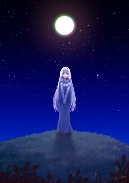 Anime picture 1240x1754 with original rheez (artist) single long hair tall image looking at viewer fringe standing signed aqua eyes grey hair night night sky girl dress plant (plants) moon star (stars) grass full moon