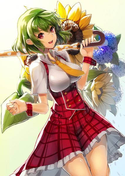 Anime picture 869x1228 with touhou kazami yuuka scottie (phantom2) single tall image looking at viewer fringe short hair breasts open mouth simple background smile hair between eyes red eyes large breasts holding ahoge :d green hair gradient background