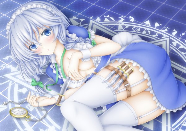 Anime picture 1400x990 with touhou izayoi sakuya sturm (arowana kingyo) single long hair looking at viewer breasts blue eyes light erotic blue hair braid (braids) pantyshot twin braids girl dress underwear panties bow hair bow clock