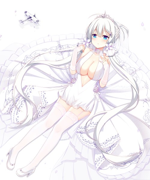 Anime picture 4000x4800 with azur lane illustrious (azur lane) illustrious (morning star of love and hope) (azur lane) jyt single long hair tall image looking at viewer blush fringe highres breasts blue eyes light erotic simple background hair between eyes large breasts white background twintails bare shoulders