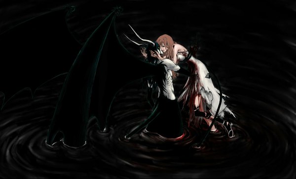 Anime picture 1147x696 with bleach studio pierrot inoue orihime ulquiorra schiffer billiefeng long hair short hair black hair brown hair wide image horn (horns) black background almost kiss espada girl boy wings water blood