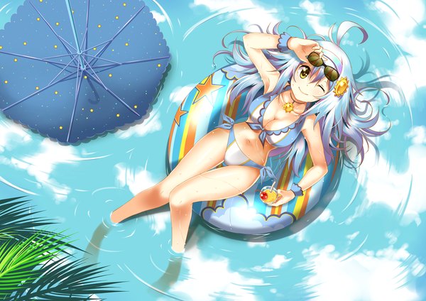 Anime picture 3507x2480 with original danzero (daniwae) single long hair highres light erotic smile yellow eyes blue hair absurdres ahoge one eye closed wink bare belly midriff wet reflection soaking feet afloat girl