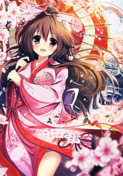Anime picture 2100x3004 with original akabane (zebrasmise) single long hair tall image looking at viewer blush highres open mouth red eyes brown hair traditional clothes japanese clothes hair flower scan girl hair ornament flower (flowers) petals kimono