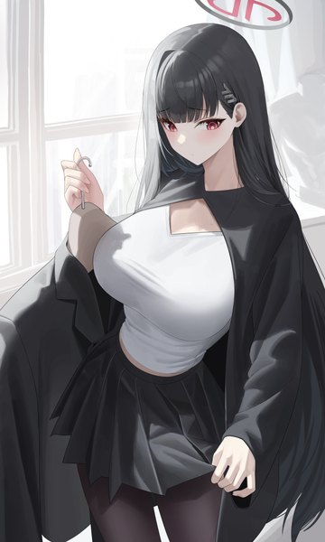 Anime picture 3000x5000 with blue archive rio (blue archive) re-leaf single long hair tall image fringe highres breasts black hair red eyes large breasts standing looking away blunt bangs long sleeves pleated skirt girl skirt hair ornament