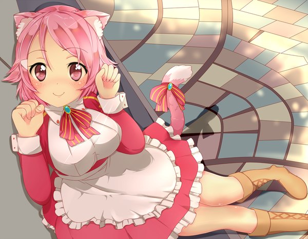 Anime picture 1620x1260 with sword art online a-1 pictures lisbeth moripomera single looking at viewer blush short hair smile red eyes animal ears pink hair cat ears cat girl cat tail girl dress boots
