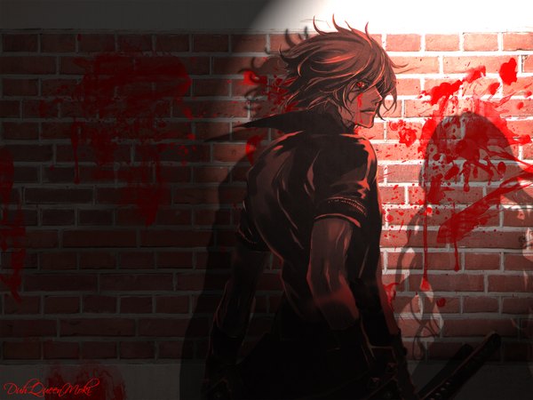 Anime picture 2048x1536 with togainu no chi nitro+chiral shiki (tnc) duhqueenmoki single looking at viewer highres short hair red eyes brown hair signed profile shadow wallpaper angry boy weapon choker blood cloak
