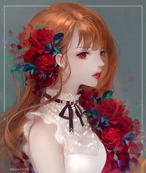 Anime picture 900x1059 with original dadachyo single long hair tall image fringe simple background red eyes brown hair signed looking away upper body hair flower lips grey background lipstick portrait red lipstick makeup girl