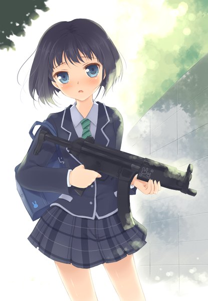 Anime picture 831x1200 with original komi zumiko tall image looking at viewer blush short hair blue eyes black hair girl skirt uniform weapon school uniform gun assault rifle
