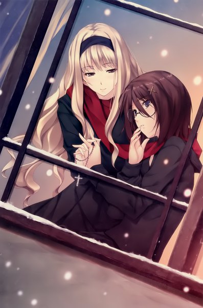 Anime picture 2647x4000 with sugina miki long hair tall image highres short hair blonde hair smile brown hair multiple girls brown eyes looking away indoors scan official art dutch angle holding hands snowing wavy hair snow shoujo ai