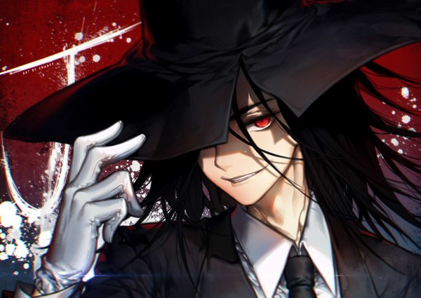 Anime picture 1280x908 with getbackers studio deen kurodou akabane kawacy single long hair looking at viewer black hair smile red eyes dark background smirk boy gloves hat shirt necktie white gloves witch hat