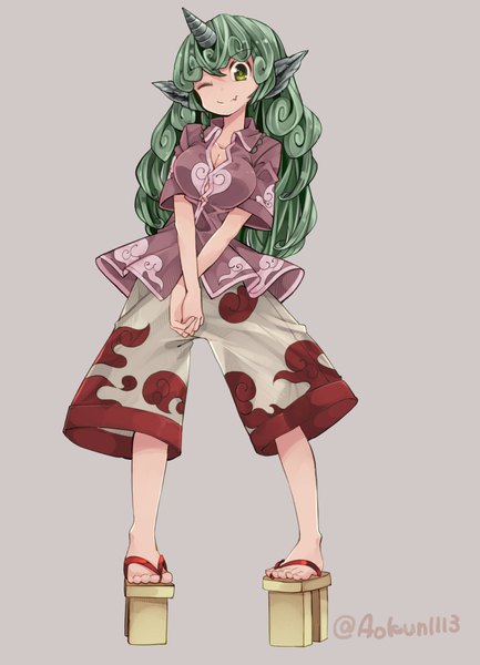Anime picture 739x1024 with touhou komano aun aioi aoi single long hair tall image looking at viewer simple background standing green eyes signed cleavage full body one eye closed horn (horns) green hair wink grey background fang (fangs) twitter username