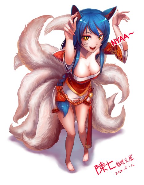 Anime picture 1200x1534 with league of legends ahri (league of legends) chen qi (chanseven) single long hair tall image breasts open mouth light erotic simple background smile large breasts white background bare shoulders animal ears yellow eyes blue hair cleavage bent knee (knees) tail