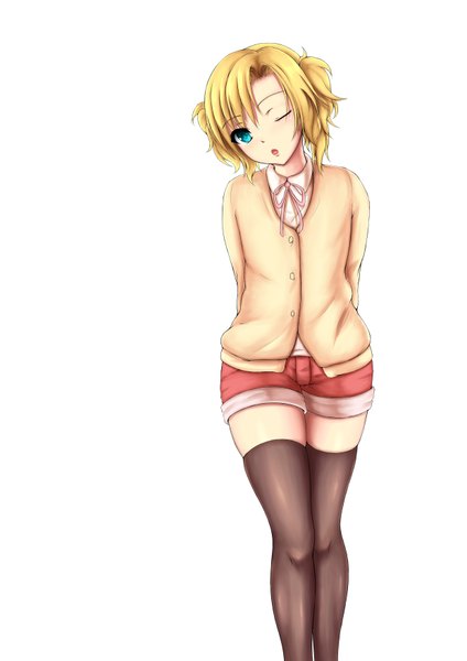 Anime picture 2480x3507 with original oinari risuru single tall image looking at viewer highres short hair blue eyes simple background blonde hair white background one eye closed wink girl thighhighs black thighhighs shorts