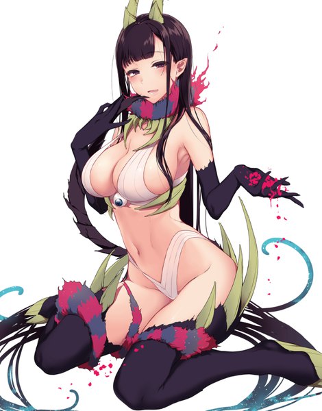 Anime picture 784x1000 with ane naru mono chiyo (ane naru mono) pochi (pochi-goya) single tall image looking at viewer blush breasts open mouth light erotic black hair simple background smile large breasts white background sitting purple eyes bare shoulders very long hair horn (horns)