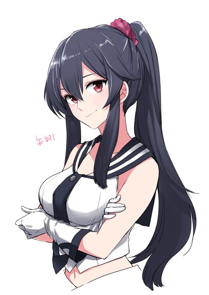 Anime picture 2894x4093 with kantai collection yahagi light cruiser morinaga (harumori) single long hair tall image looking at viewer fringe highres black hair simple background hair between eyes red eyes white background payot upper body ponytail midriff sleeveless girl