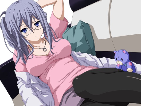 Anime picture 3541x2656 with date a live murasame reine shira-nyoro touhu (friend coffee) single long hair highres blue eyes absurdres grey hair girl pantyhose glasses pendant toy stuffed animal