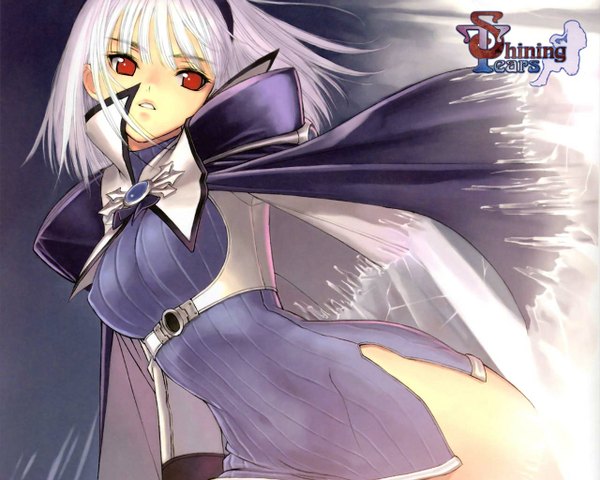 Anime picture 1280x1024 with shining (series) shining tears shining wind blanc neige tony taka single short hair red eyes looking away white hair parted lips copyright name side slit underbust cropped girl dress headband cape short dress