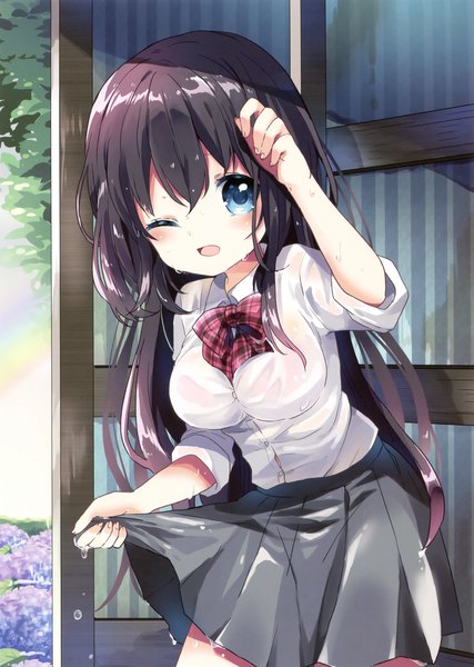 Anime picture 2489x3500 with original ko suzume single long hair tall image looking at viewer blush highres breasts open mouth blue eyes black hair one eye closed scan official art wet clothes wringing clothes girl skirt flower (flowers)