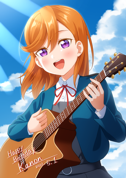 Anime picture 2508x3541 with hello!!! love live! sunrise (studio) love live! shibuya kanon haruharo (haruharo 7315) single long hair tall image looking at viewer blush fringe highres open mouth smile hair between eyes standing sky purple hair cloud (clouds) outdoors