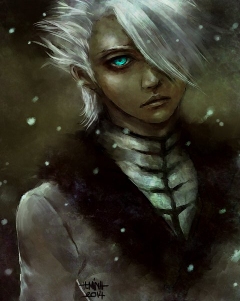 Anime picture 2000x2500 with bleach studio pierrot hitsugaya toushirou nanfe single tall image looking at viewer fringe highres short hair signed white hair aqua eyes hair over one eye smoke serious 2014 shinigami boy