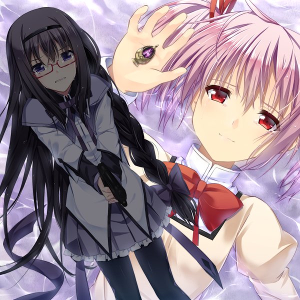 Anime picture 1600x1600 with mahou shoujo madoka magica shaft (studio) akemi homura kaname madoka keito (kazamatuli) black hair red eyes purple eyes multiple girls pink hair braid (braids) tears girl bow weapon 2 girls glasses hairband gun