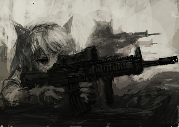 Anime picture 1500x1061 with original lm7 (op-center) animal ears monochrome girl weapon gun rifle