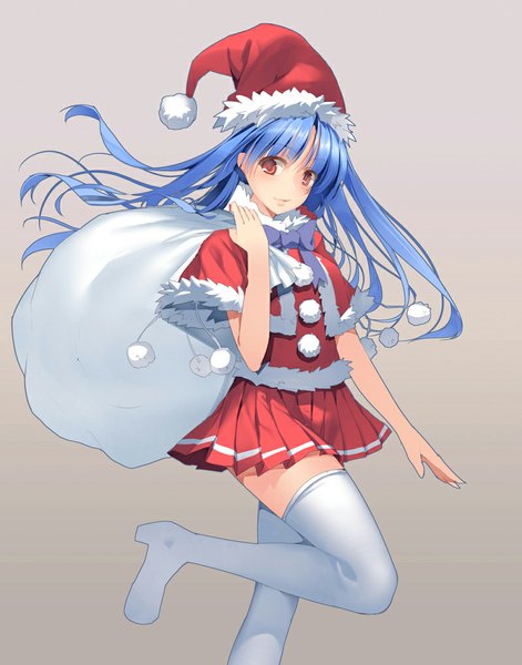 Anime picture 799x1018 with original joeian (artist) single long hair tall image looking at viewer simple background red eyes blue hair grey background zettai ryouiki fur trim christmas girl thighhighs white thighhighs fur santa claus hat santa claus costume
