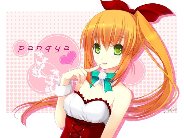 Anime picture 1200x900 with pangya hana yuuki kira single long hair green eyes ponytail orange hair girl bow hair bow heart