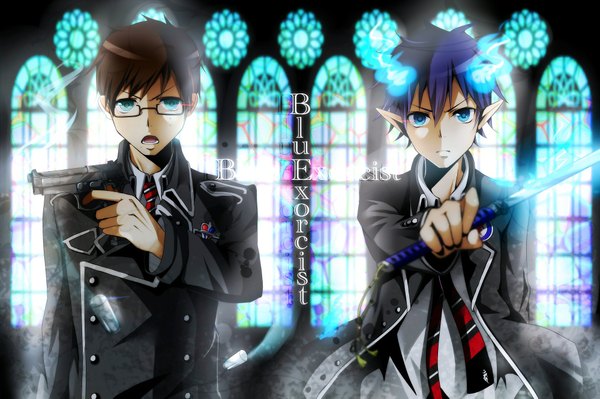 Anime picture 2000x1333 with ao no exorcist a-1 pictures okumura rin okumura yukio nou highres short hair open mouth blue eyes brown hair blue hair aqua eyes pointy ears inscription multiple boys glowing twins boy uniform weapon