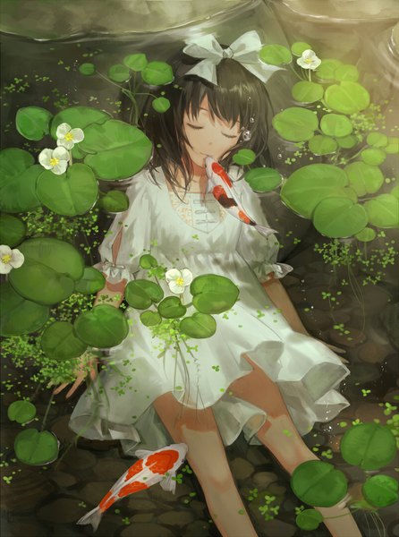 Anime picture 800x1077 with original cotta single long hair tall image brown hair lying from above on back ophelia's pose girl dress flower (flowers) ribbon (ribbons) hair ribbon animal water white dress fish (fishes) water lily