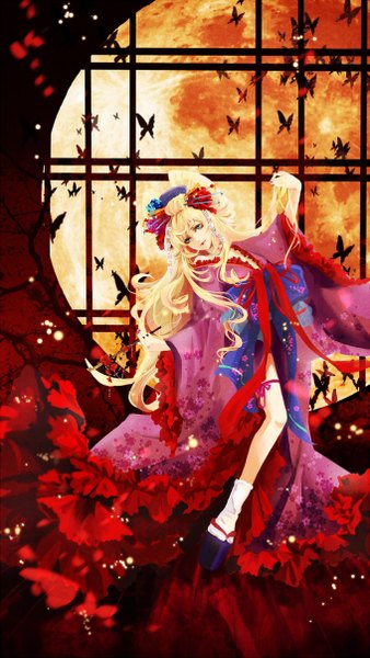 Anime picture 680x1204 with macross macross frontier sheryl nome kristin13 (pixiv) single long hair tall image blue eyes blonde hair nail polish traditional clothes japanese clothes girl hair ornament socks window kimono insect butterfly moon