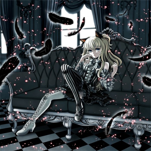 Anime picture 1005x1005 with vocaloid seeu shishou (absolute area) single long hair looking at viewer fringe blonde hair sitting animal ears blue hair indoors parted lips wide sleeves alternate costume fake animal ears wavy hair checkered floor floor gothic