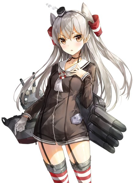 Anime picture 590x800 with kantai collection amatsukaze destroyer rensouhou-kun fuumi (radial engine) single long hair tall image looking at viewer blush fringe light erotic hair between eyes standing brown eyes silver hair parted lips :o two side up hand on chest ass visible through thighs