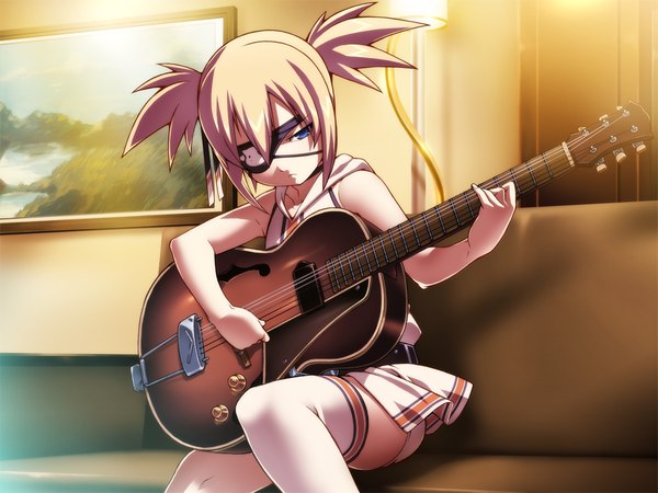 Anime picture 1024x768 with hotel (game) short hair blue eyes light erotic blonde hair game cg loli girl thighhighs white thighhighs eyepatch guitar