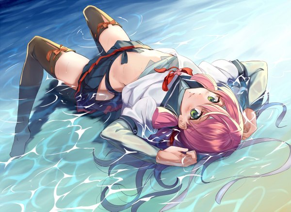 Anime picture 1300x947 with kantai collection akashi repair ship akashi (kantai collection) kabocha (monkey4) single long hair looking at viewer blush light erotic green eyes pink hair girl thighhighs skirt black thighhighs water sailor suit