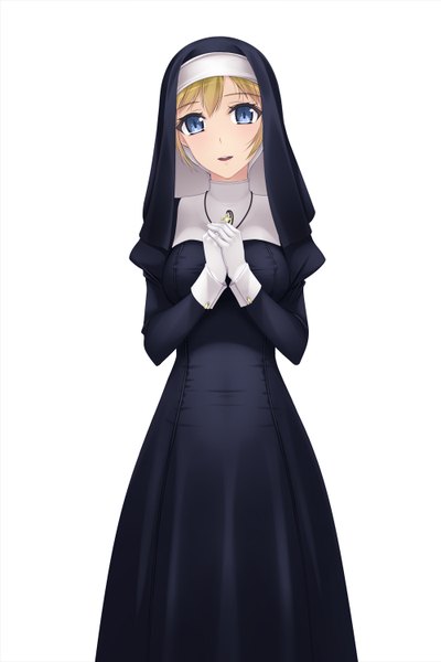 Anime picture 1000x1500 with original murakami suigun single tall image looking at viewer short hair open mouth blue eyes simple background blonde hair white background nun girl gloves white gloves habit