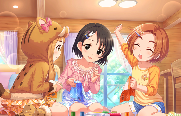 Anime picture 1280x824 with idolmaster idolmaster cinderella girls idolmaster cinderella girls starlight stage sasaki chie ichihara nina ryuuzaki kaoru long hair blush short hair open mouth black hair smile brown hair sitting multiple girls bent knee (knees) tail black eyes orange hair loli