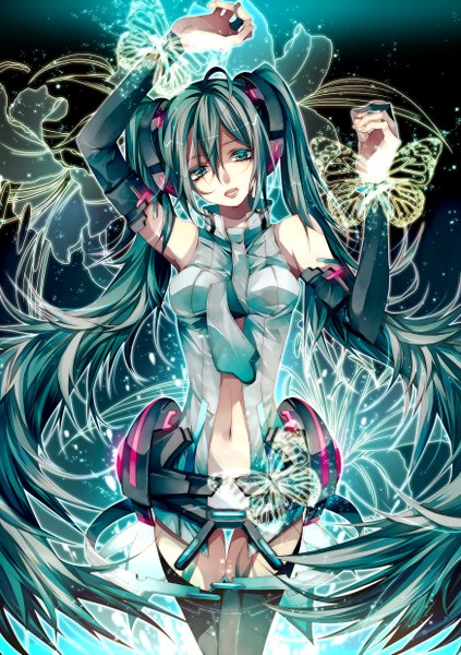 Anime picture 1748x2480 with vocaloid hatsune miku tsukioka tsukiho tall image highres twintails green eyes very long hair green hair girl detached sleeves