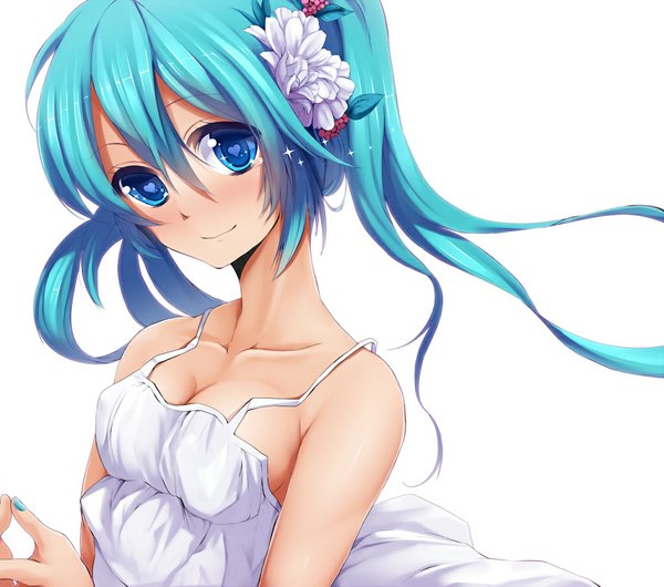 Anime picture 1024x905 with vocaloid hatsune miku eto single long hair simple background smile white background twintails aqua eyes aqua hair girl sundress