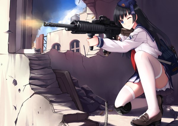 Anime picture 5846x4133 with original allenes single long hair highres blue eyes light erotic black hair absurdres one eye closed girl thighhighs uniform weapon white thighhighs serafuku shoes gun beret loafers