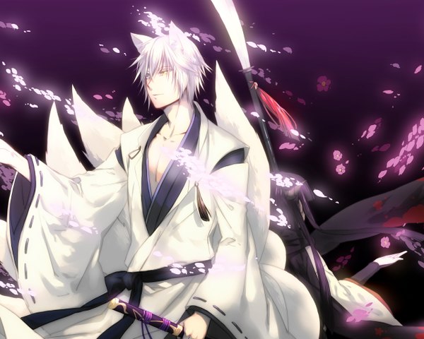 Anime picture 1280x1024 with inu x boku ss david production shirakiin ririchiyo miketsukami soushi long hair blue eyes yellow eyes purple hair tail traditional clothes japanese clothes animal tail horn (horns) couple fox ears heterochromia fox tail dark background multiple tails back to back